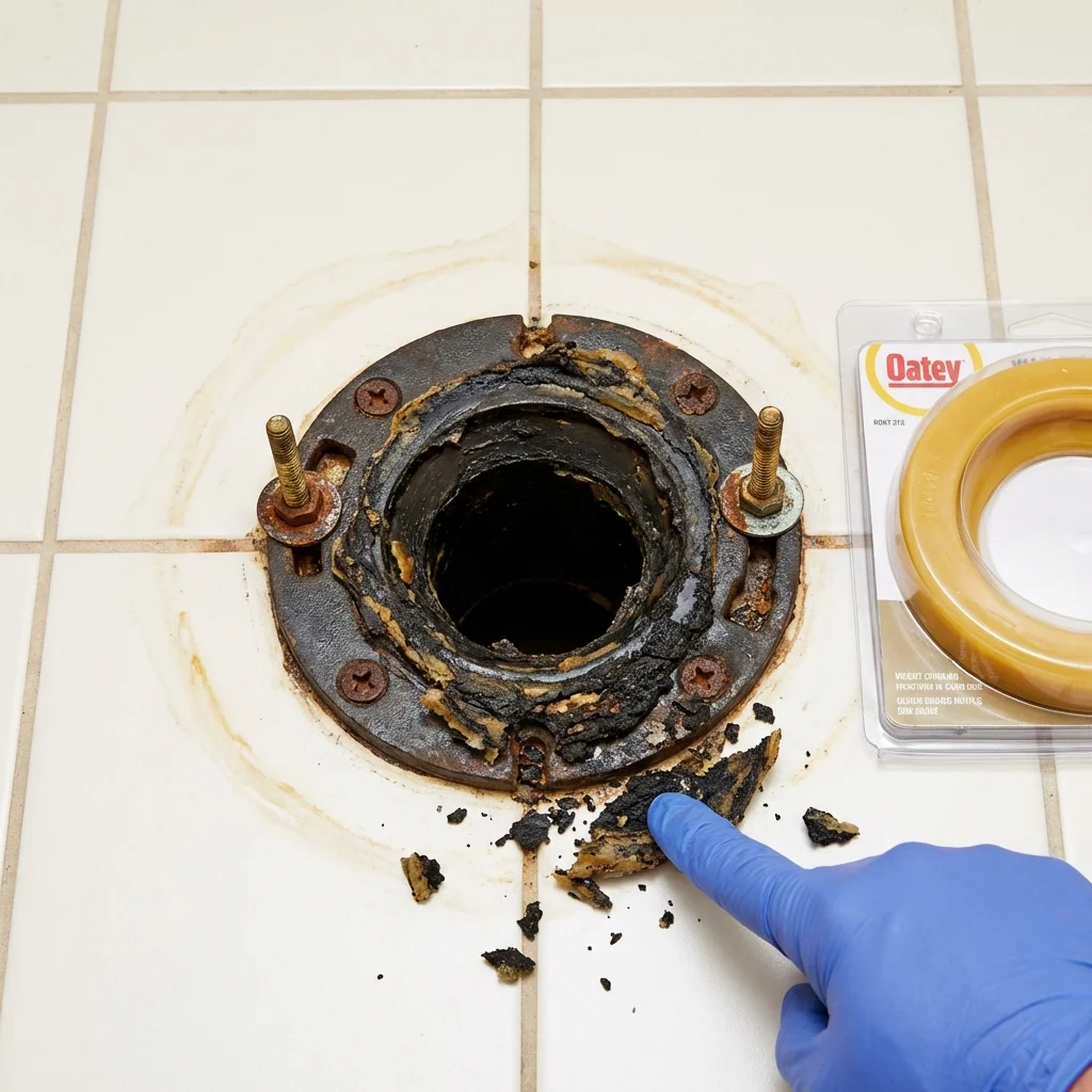 Failed wax ring showing water seepage at the base of a toilet in a Petersburg, IL home