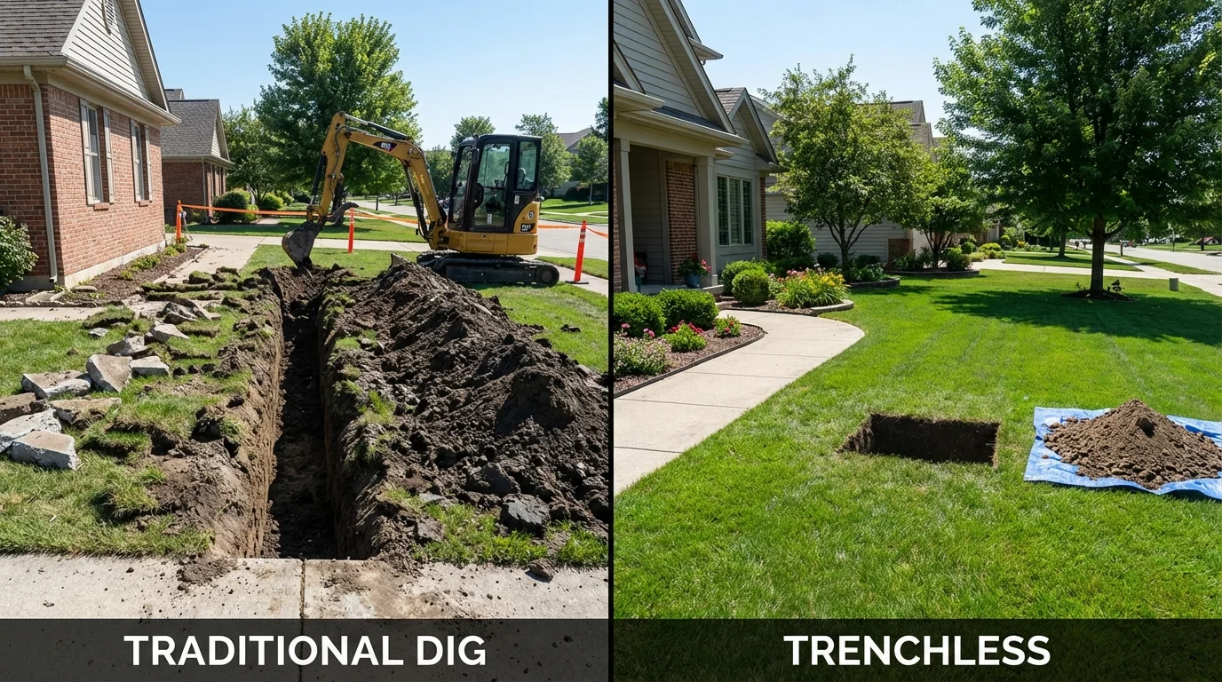 Trenchless sewer repair with minimal yard damage versus traditional excavation in Petersburg, IL