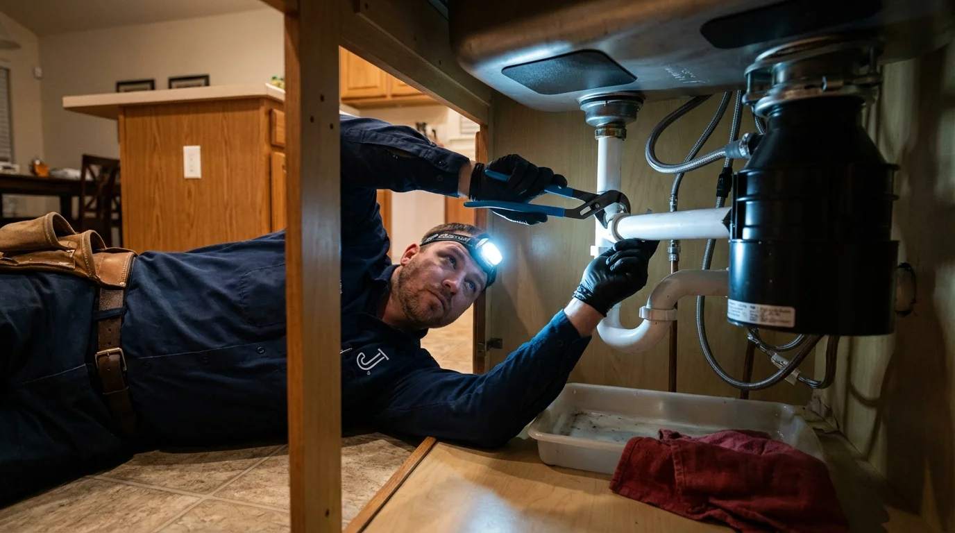 P-trap and supply line connections under a kitchen sink showing a common leak point in Petersburg, IL